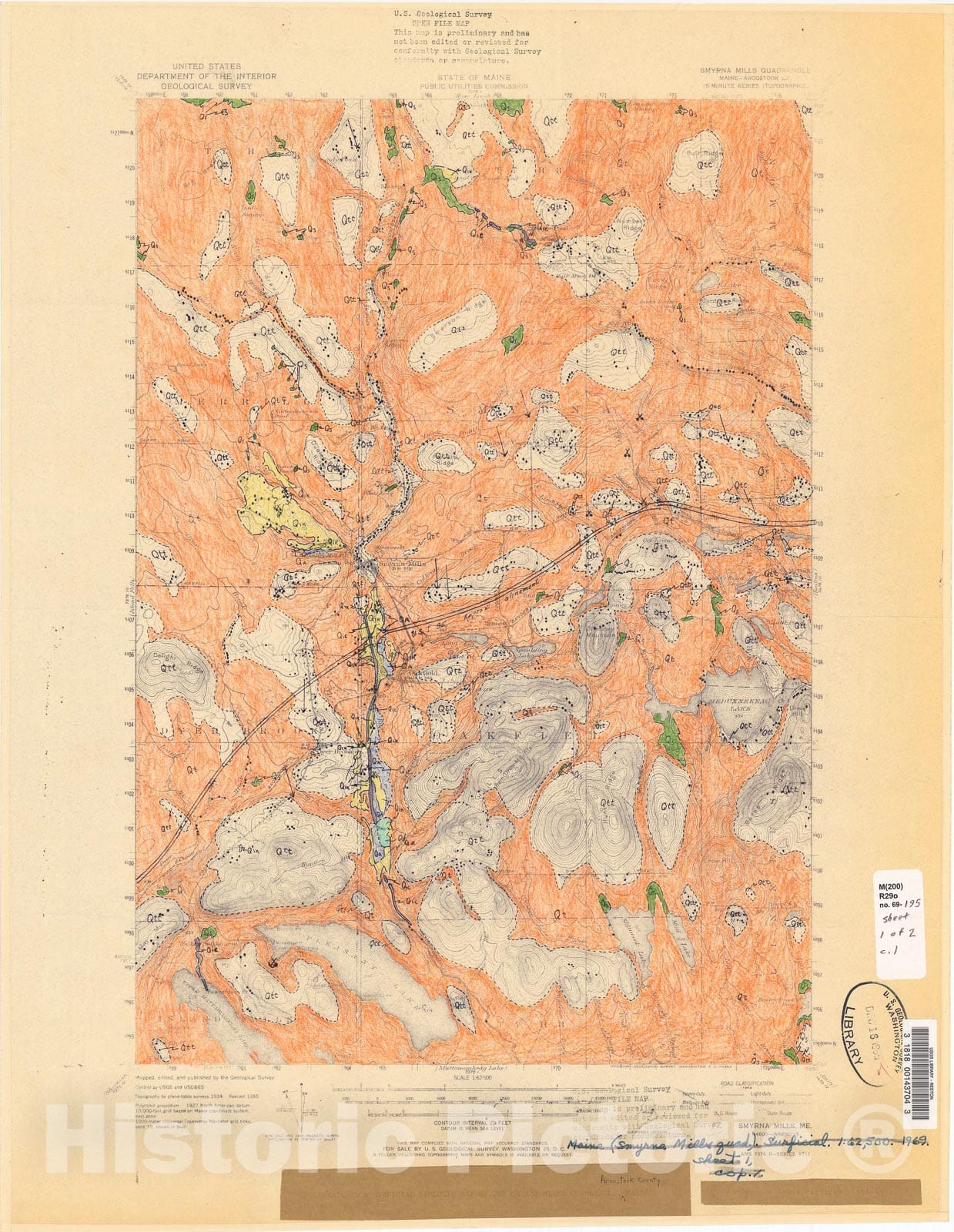 Map : Reconnaissance surficial geologic map of the Smyrna Mills quadrangle, Aroostook County, Maine, 1969 Cartography Wall Art :