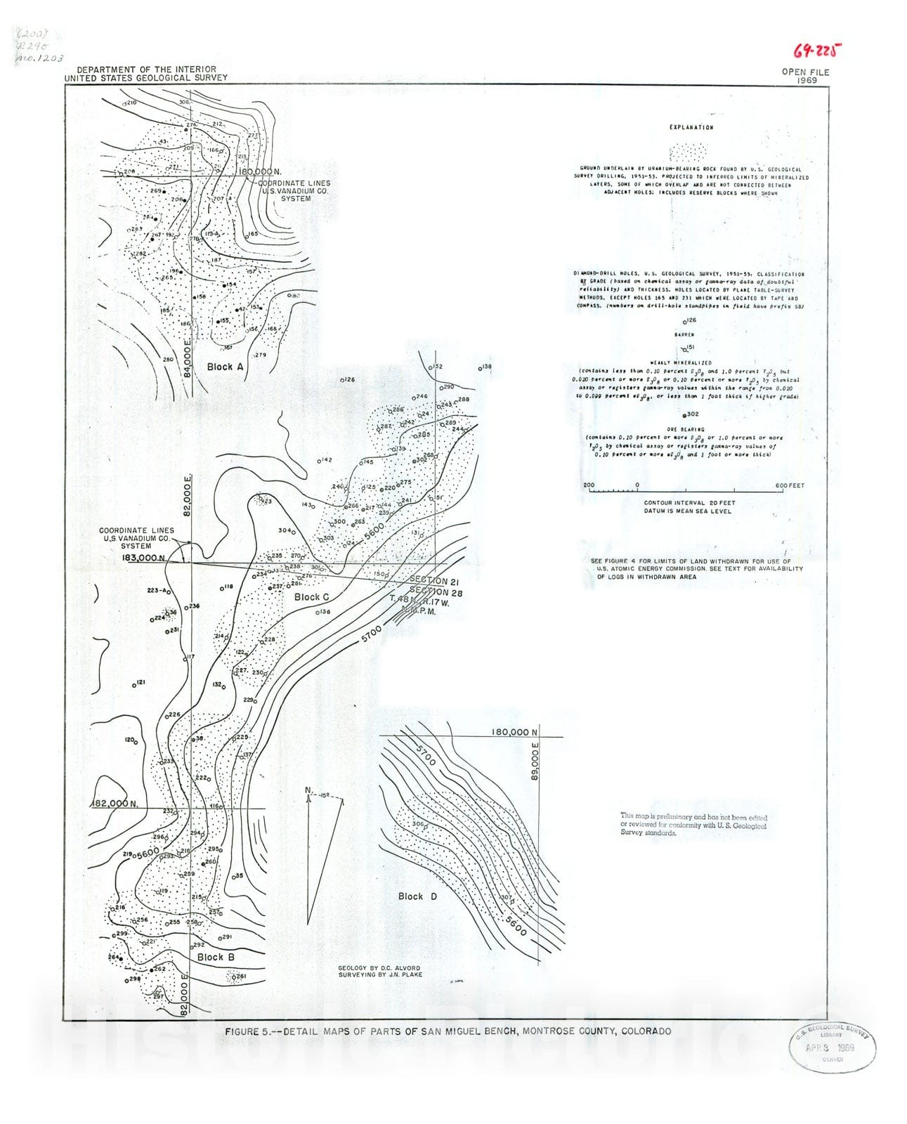 Map : Maps showing locations of holes drilled in 1951 to 1953 by U.S. Geological Survey, Spring Creek Mesa and San Miguel bench areas, 1969 Cartography Wall Art :