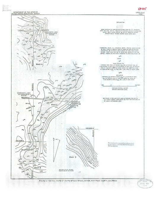Map : Maps showing locations of holes drilled in 1951 to 1953 by U.S. Geological Survey, Spring Creek Mesa and San Miguel bench areas, 1969 Cartography Wall Art :