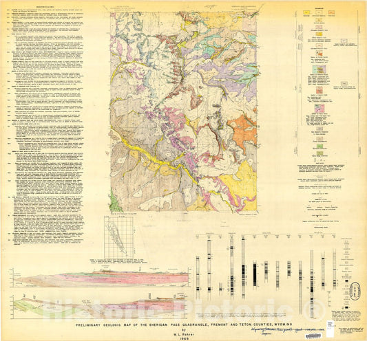 Map : Preliminary geologic map of the Sheridan Pass quadrangle, Fremont and Teton Counties, Wyoming, 1969 Cartography Wall Art :