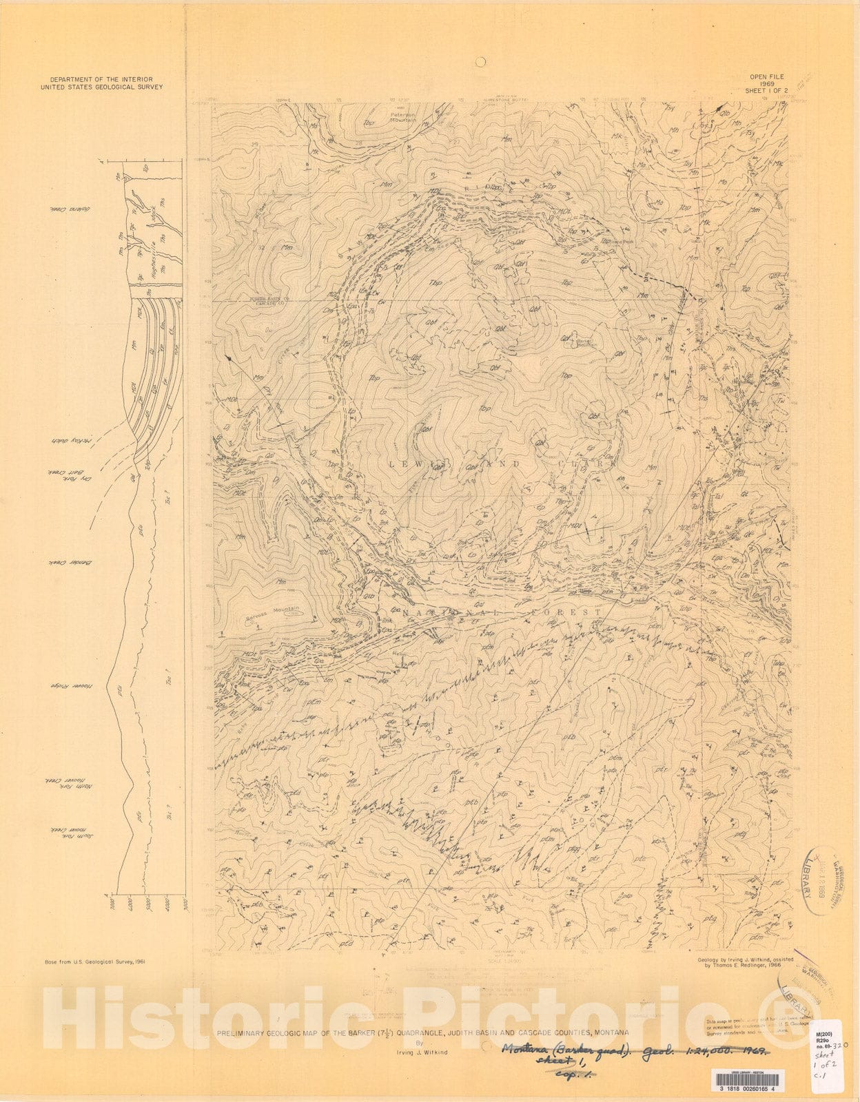 Map : Preliminary geologic map of the Barker (7 1/2 minute) quadrangle, Judith Basin and Cascade Counties, Montana, 1969 Cartography Wall Art :