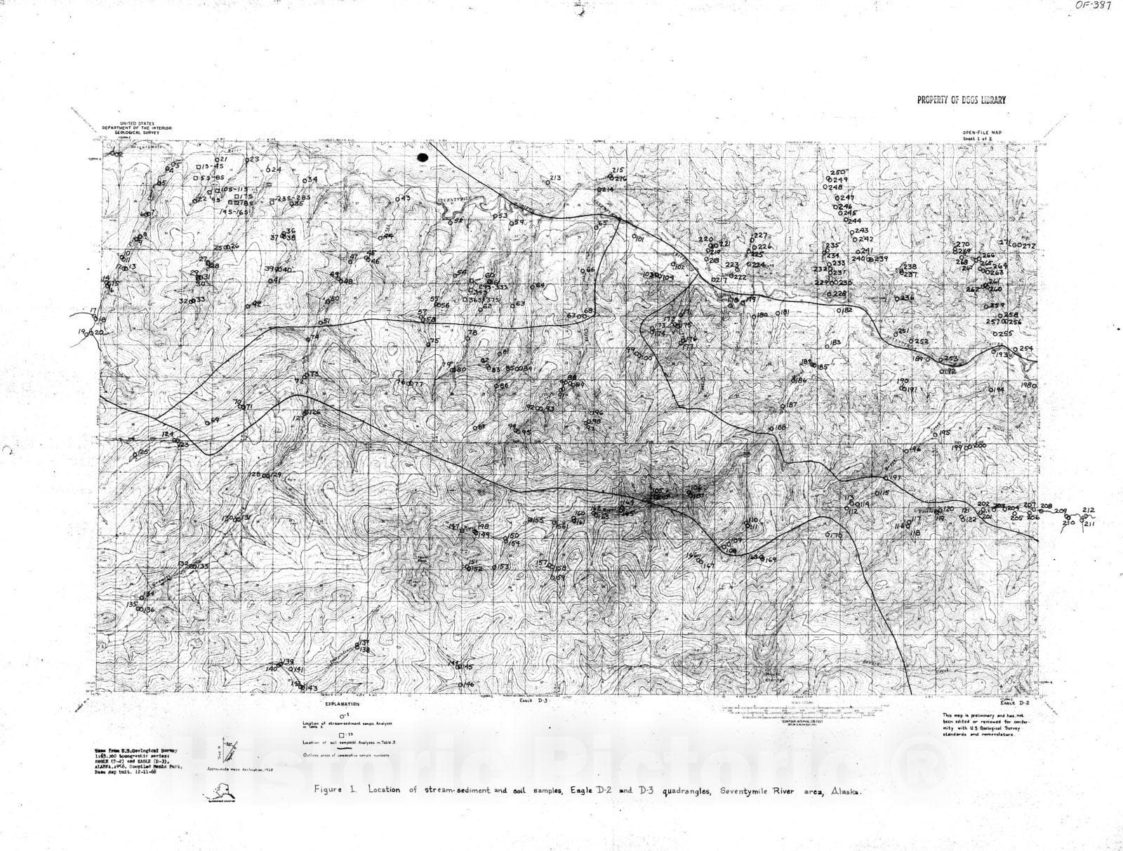 Map : Analyses of stream-sediment, rock, and soil samples from a part of the Seventymile River area, Eagle quadrangle, Alaska, 1969 Cartography Wall Art :