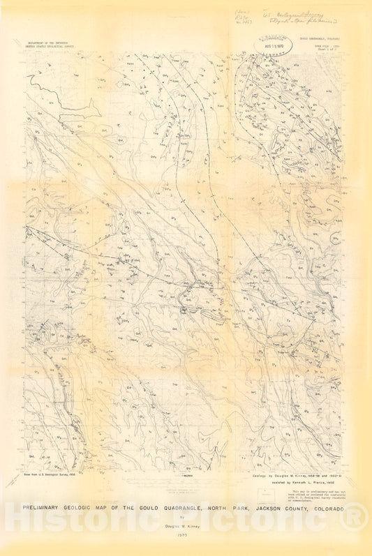 Map : Preliminary geologic map of the Gould quadrangle, North Park, Jackson County, Colorado, 1970 Cartography Wall Art :