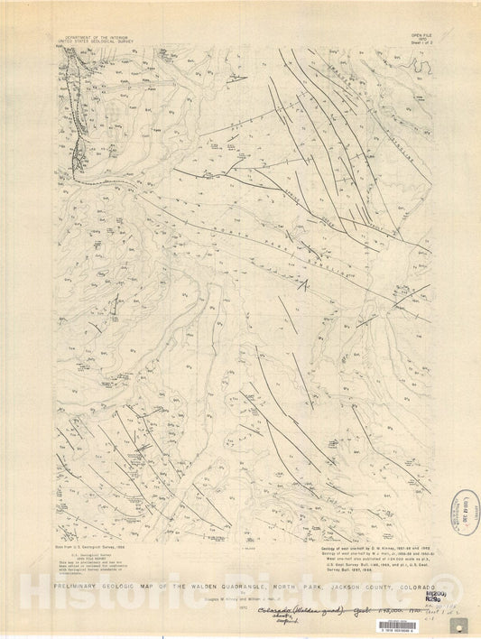 Map : Preliminary geologic map of the Walden quadrangle, North Park, Jackson County, Colorado, 1970 Cartography Wall Art :