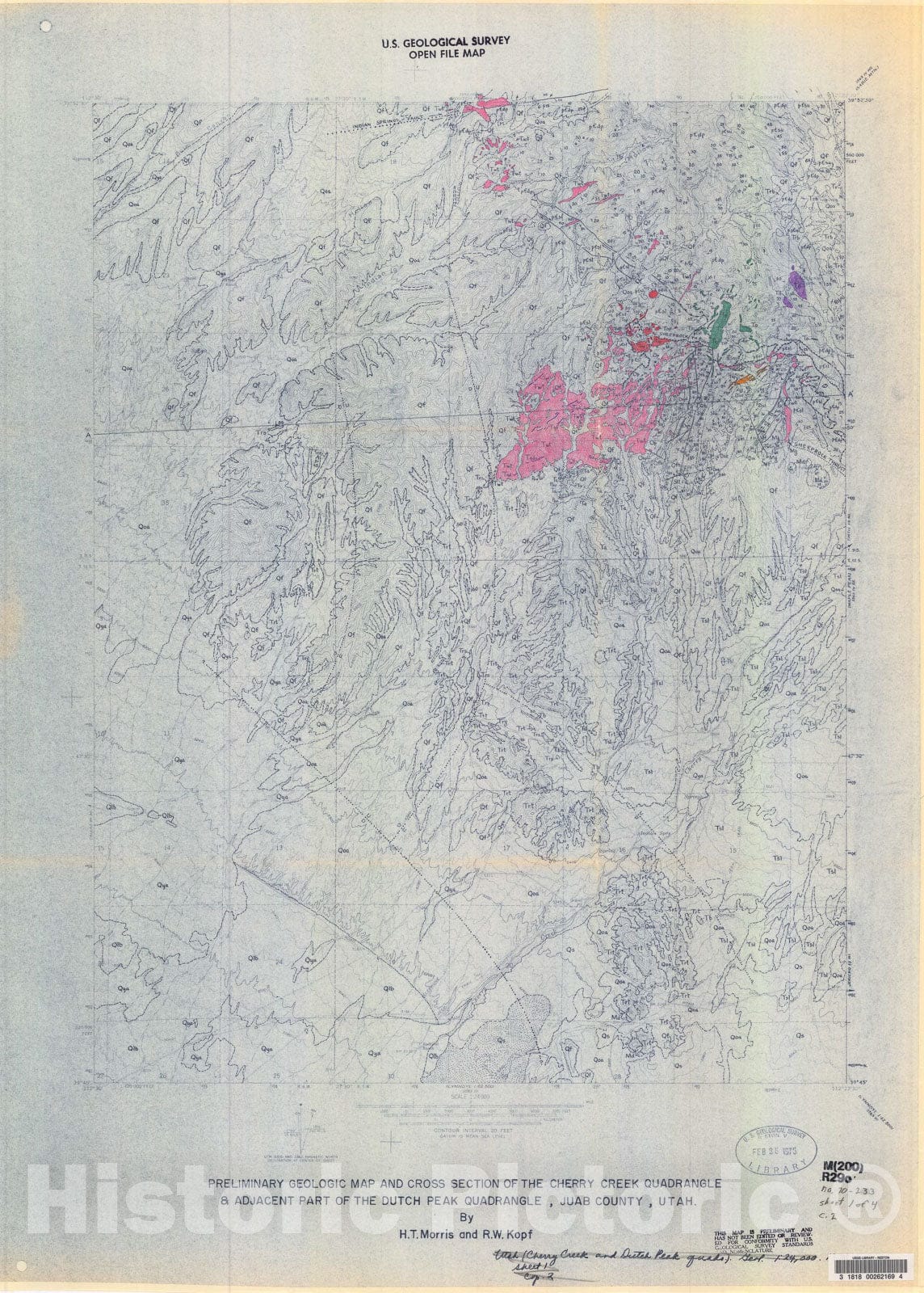 Map : Preliminary geologic map and cross section of the Cherry Creek quadrangle and adjacent part of the Dutch Peak quadrangle, Juab County, Utah, 1970 Cartography Wall Art :