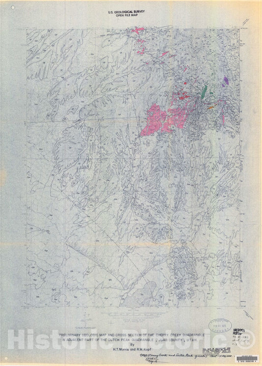 Map : Preliminary geologic map and cross section of the Cherry Creek quadrangle and adjacent part of the Dutch Peak quadrangle, Juab County, Utah, 1970 Cartography Wall Art :