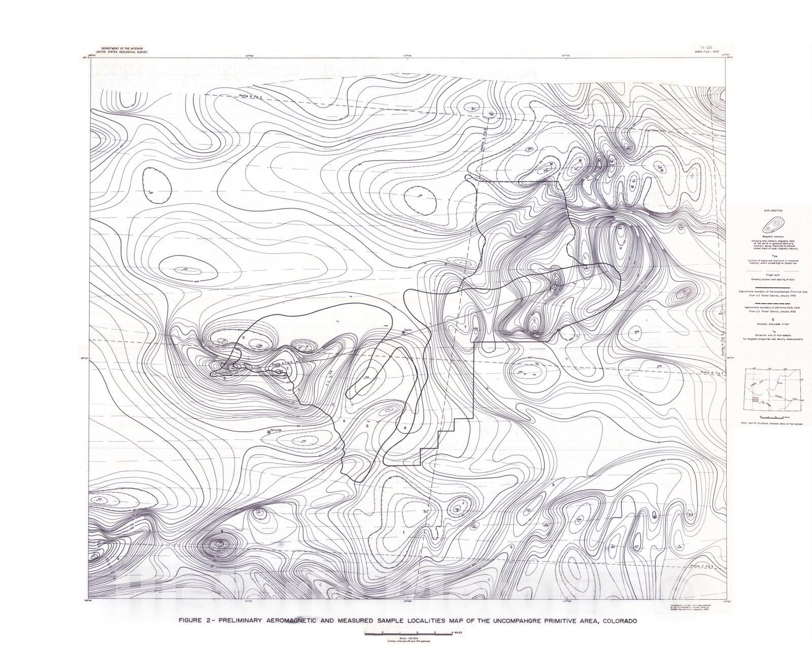 Map : Interpretation of the aeromagnetic pattern of the Uncompahgre primitive area, San Juan Mountains, Colorado, 1970 Cartography Wall Art :