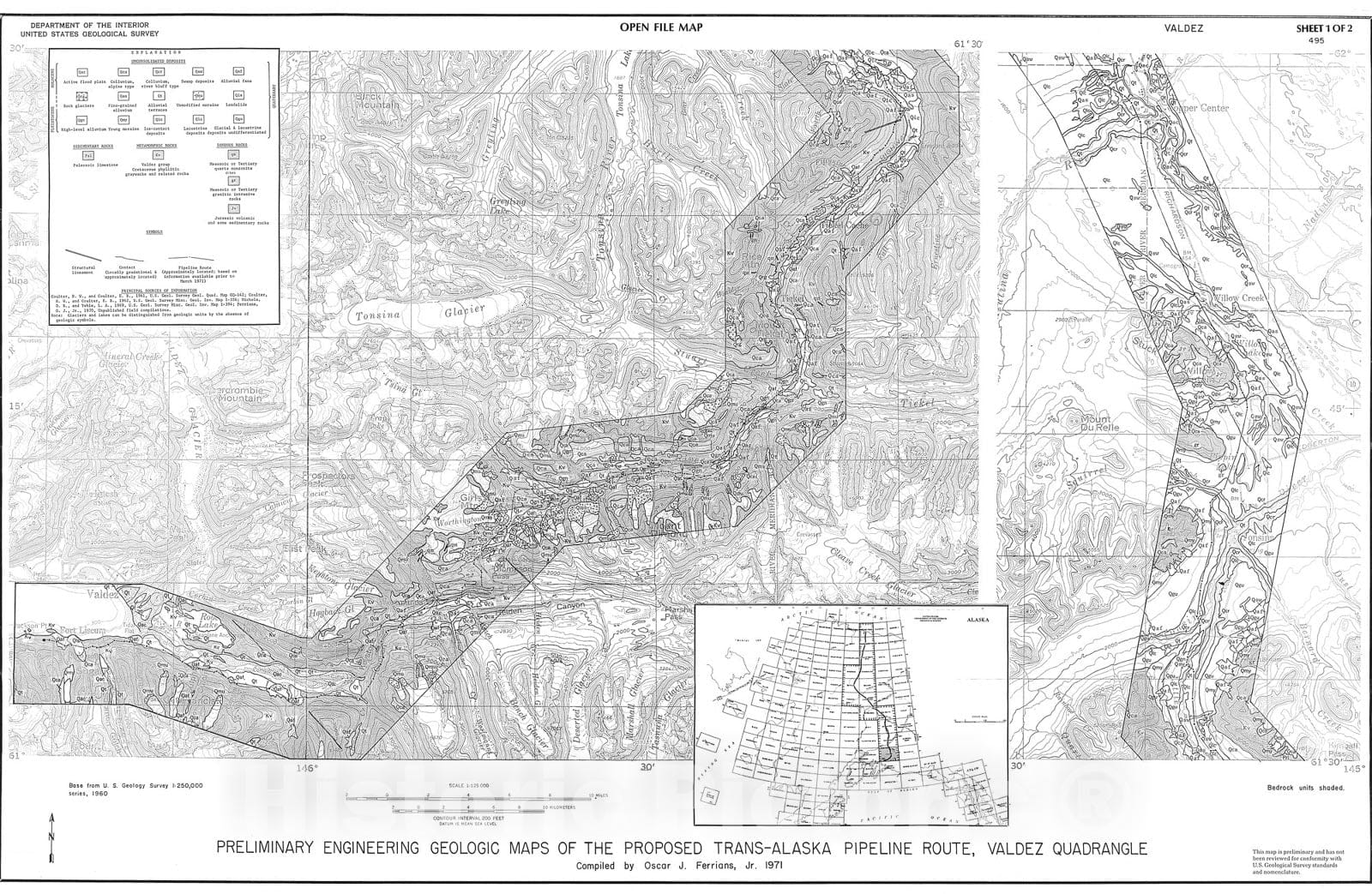 Map : Preliminary engineering geologic maps of the proposed trans-Alaska pipeline route, Valdez quadrangle, 1971 Cartography Wall Art :