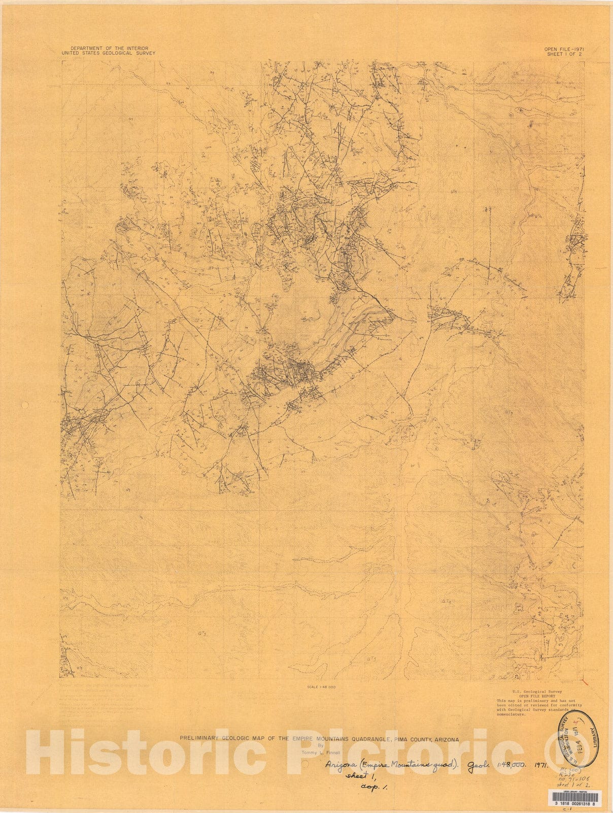 Map : Preliminary geologic map of the Empire Mountains quadrangle, Pima County, Arizona, 1971 Cartography Wall Art :
