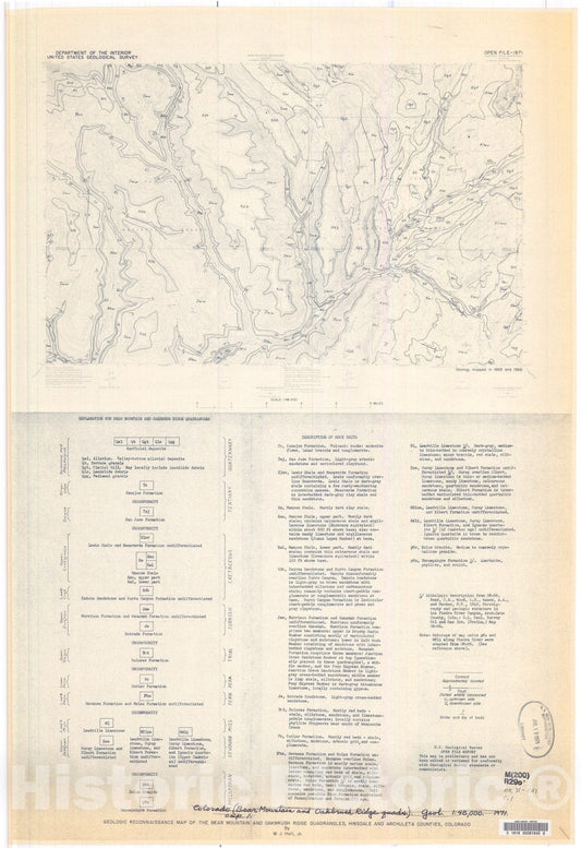 Map : Geologic reconnaissance map of the Bear Mountain and Oakbrush Ridge quadrangles, Hinsdale and Archuleta Counties, Colorado, 1971 Cartography Wall Art :