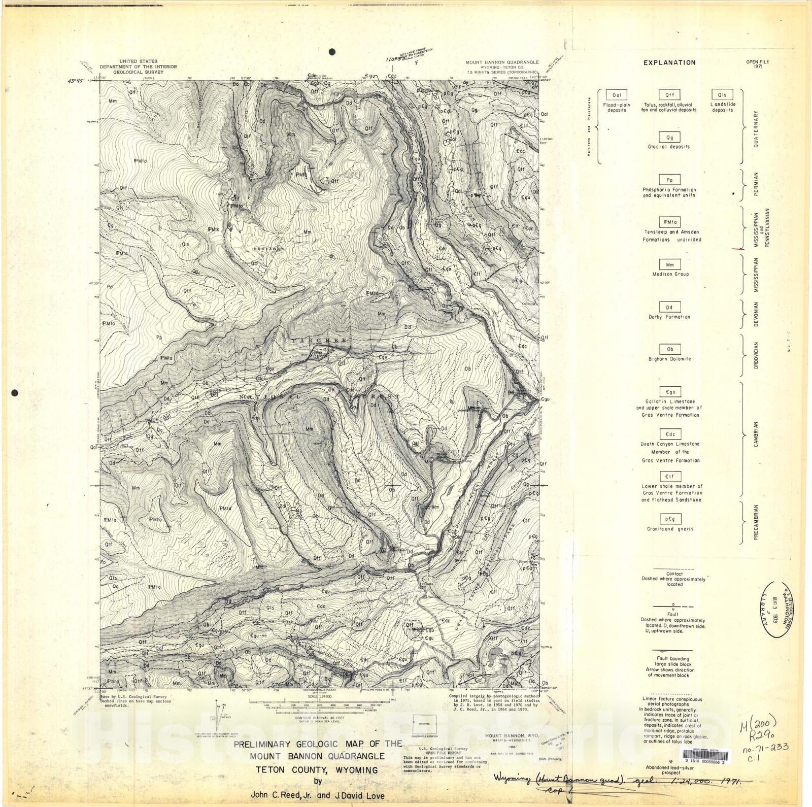 Map : Preliminary geologic map of the Mount Bannon quadrangle, Teton County, Wyoming, 1971 Cartography Wall Art :