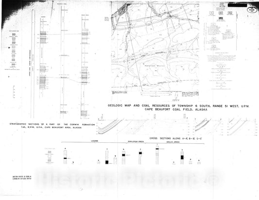 Map : Geology and coal resources of T. six S., R. fifty-one W., unsurveyed, Umiat principal meridian, in the Cape Beaufort coal field, northwestern Alaska, 1971 Cartography Wall Art :