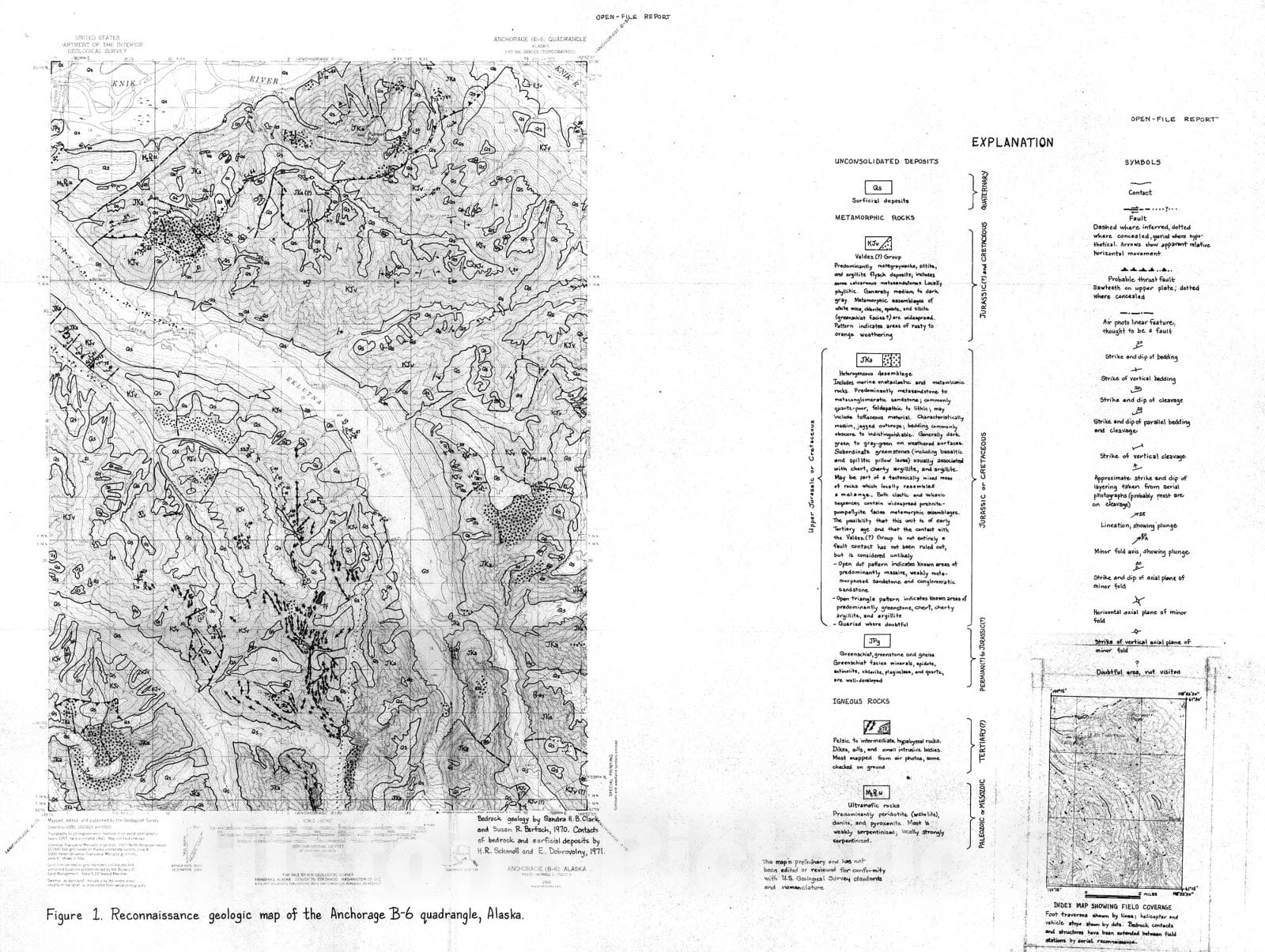Map : Reconnaissance geologic map and geochemical analyses of stream sediment and rock samples of the Anchorage B-6 quadrangle, Alaska, 1971 Cartography Wall Art :