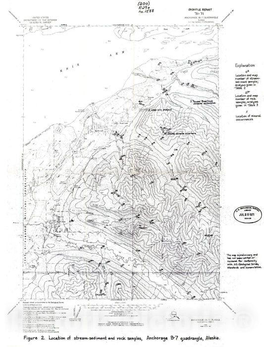 Map : Reconnaissance geologic map and geochemical analyses of stream sediment and rock samples of the Anchorage B-7 quadrangle, Alaska, 1971 Cartography Wall Art :