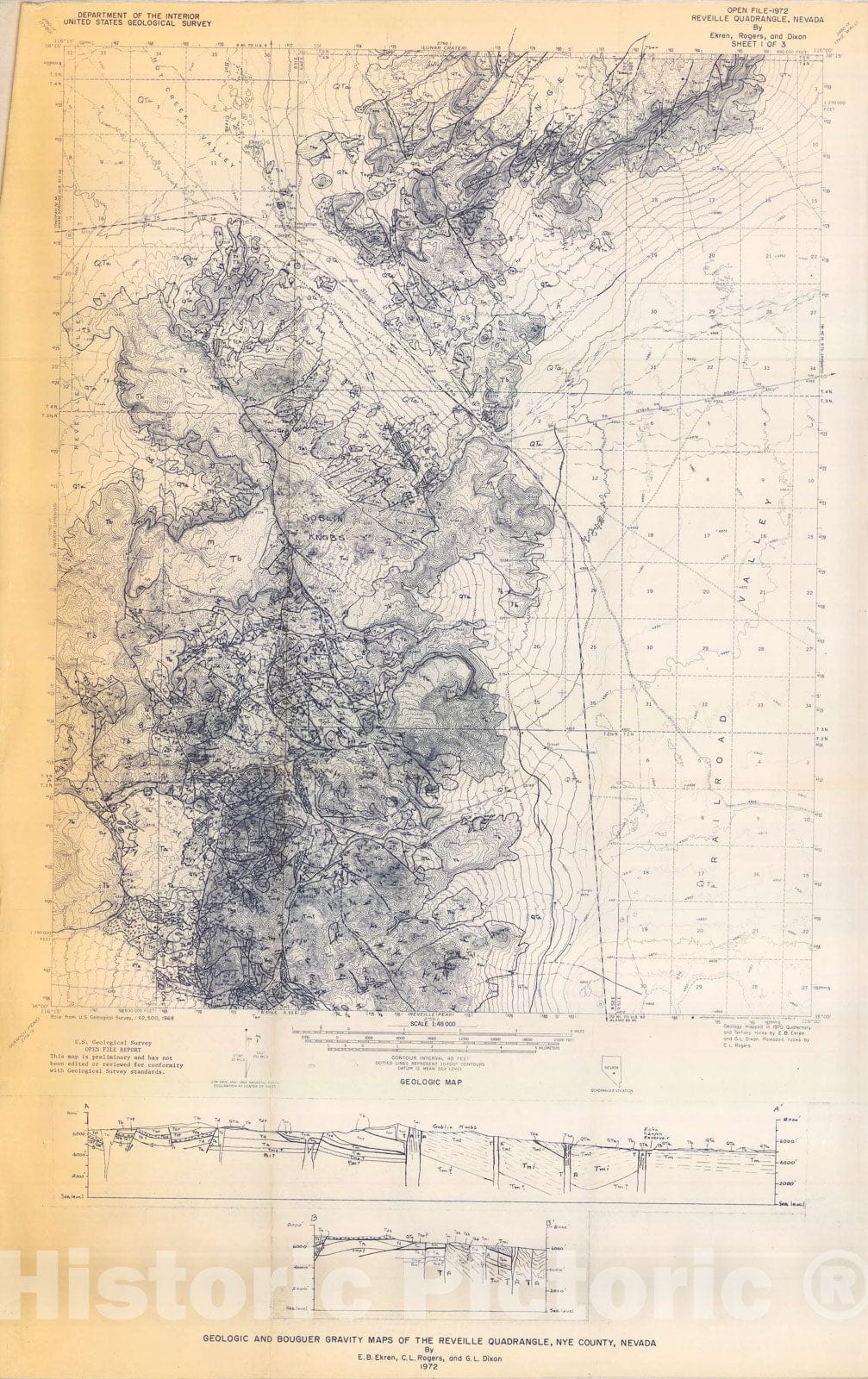 Map : Geologic and Bouguer gravity maps of the Reveille quadrangle, Nye County, Nevada, 1972 Cartography Wall Art :