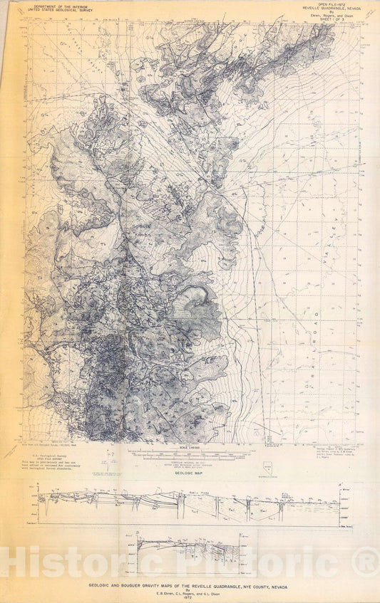 Map : Geologic and Bouguer gravity maps of the Reveille quadrangle, Nye County, Nevada, 1972 Cartography Wall Art :