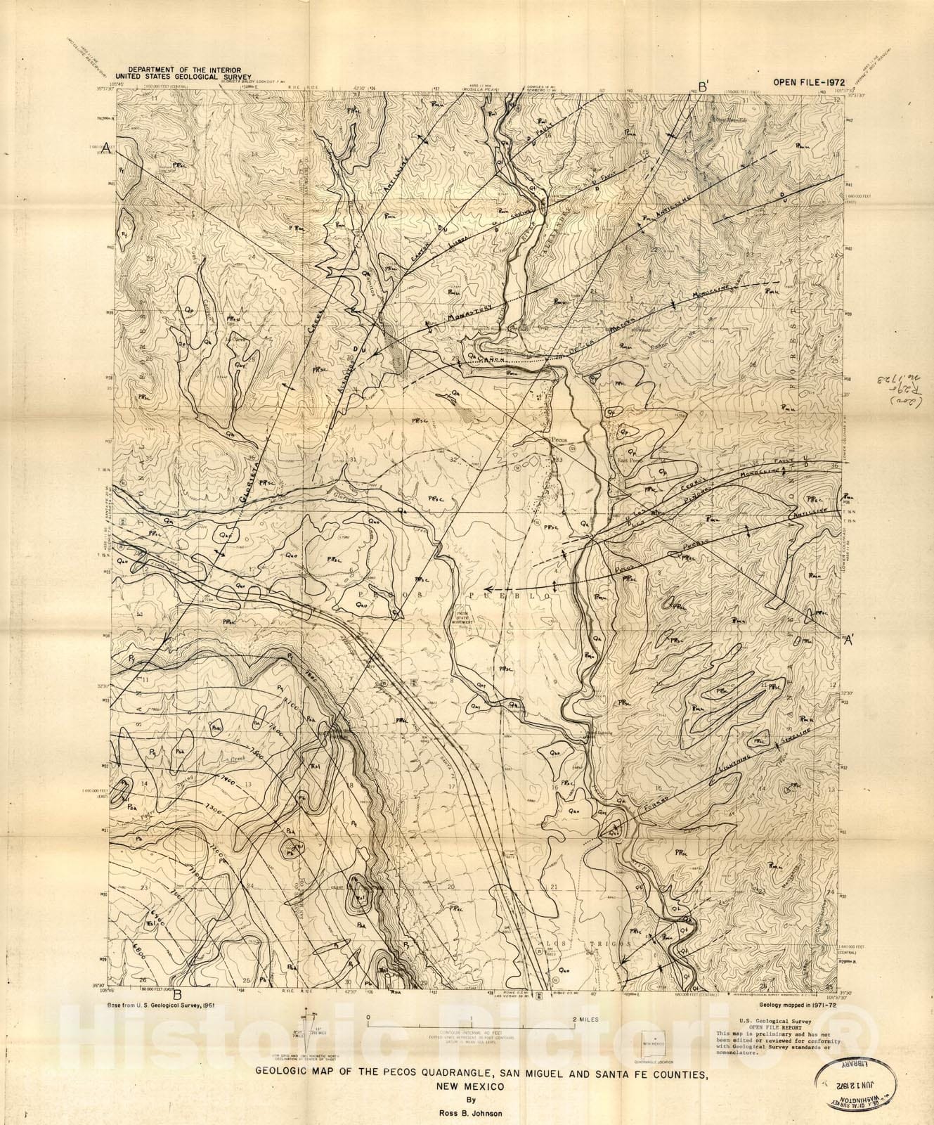 Map : Geologic map of the Pecos quadrangle, San Miguel and Santa Fe Counties, New Mexico, 1972 Cartography Wall Art :