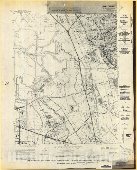 Map : Preliminary geologic map of the Milpitas quadrangle, Alameda and Santa Clara Counties, California, 1972 Cartography Wall Art :