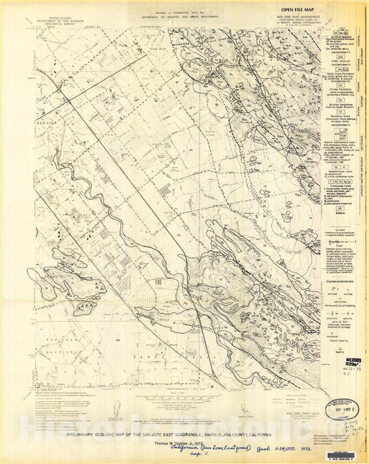 Map : Preliminary geologic map of the San Jose East quadrangle, Alameda and Santa Clara Counties, California, 1972 Cartography Wall Art :