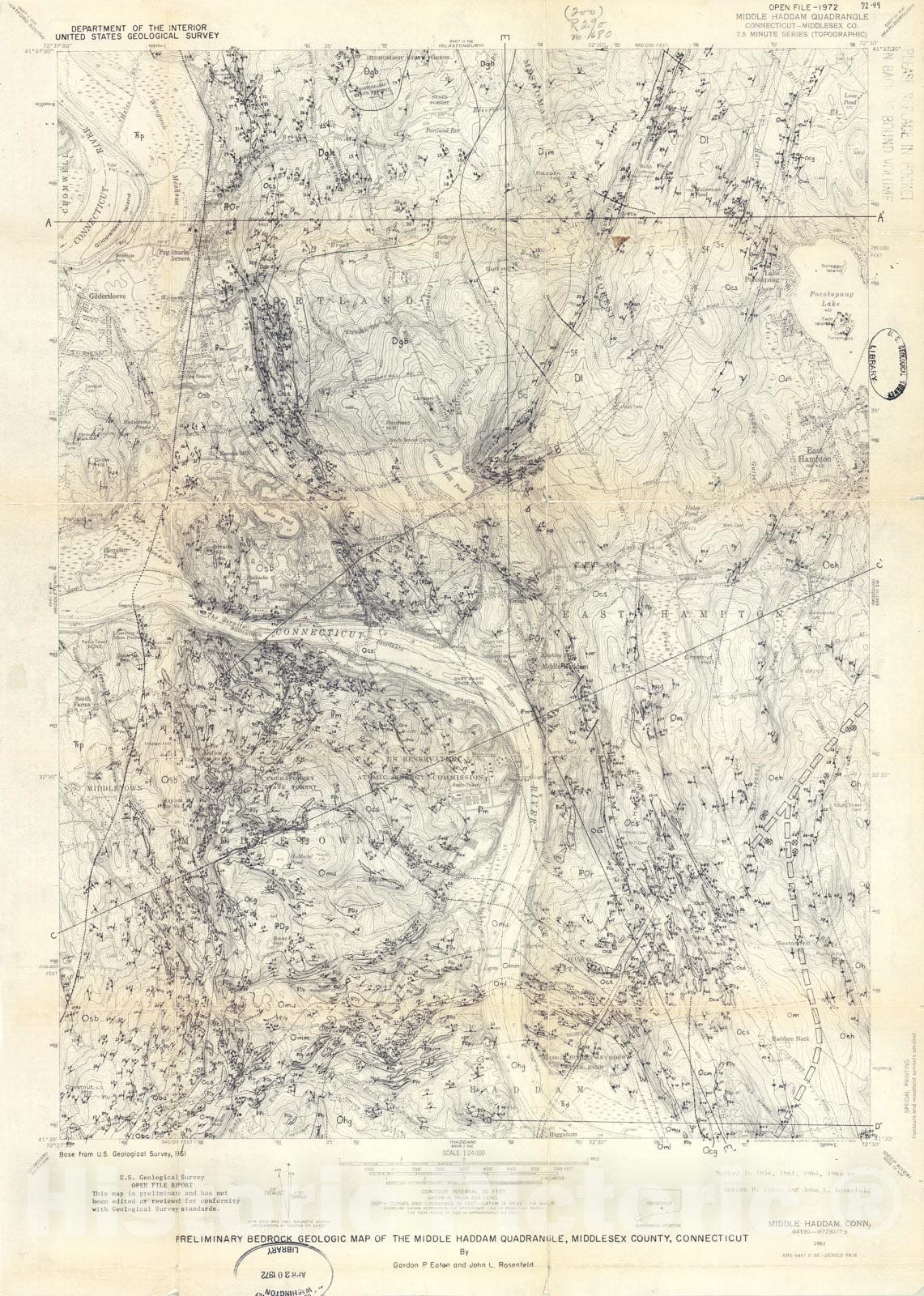 Map : Preliminary bedrock geologic map of the Middle Haddam quadrangle, Middlesex County, Connecticut, 1972 Cartography Wall Art :