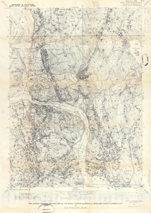 Map : Preliminary bedrock geologic map of the Middle Haddam quadrangle, Middlesex County, Connecticut, 1972 Cartography Wall Art :