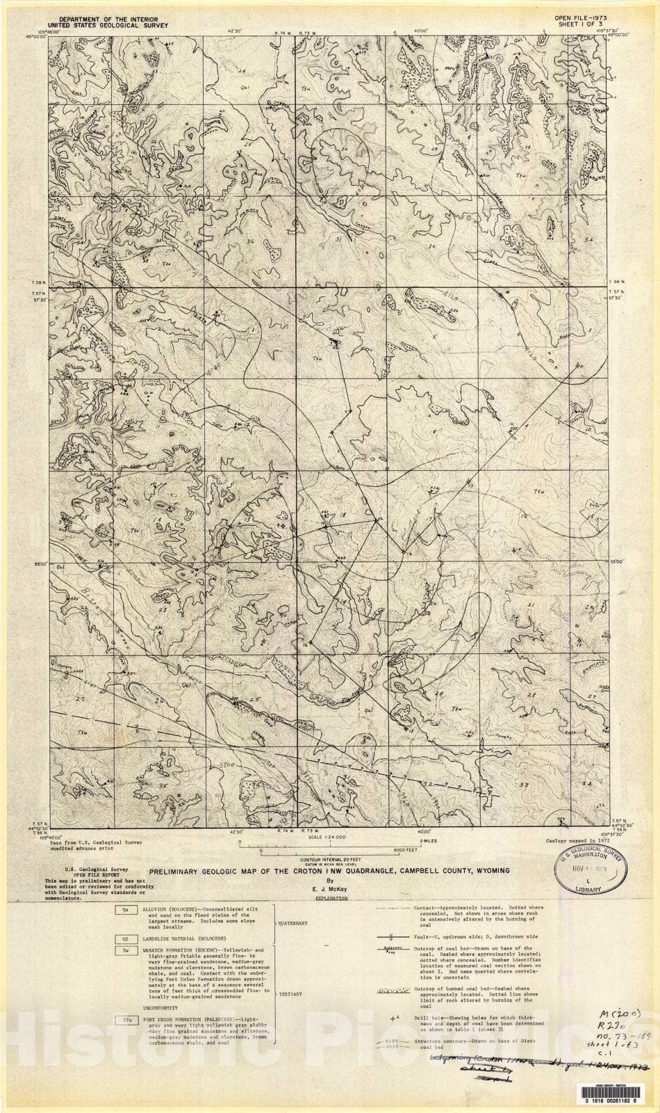 Map : Preliminary geologic map of the Croton one NW quadrangle, Campbell County, Wyoming, one973 Cartography Wall Art :