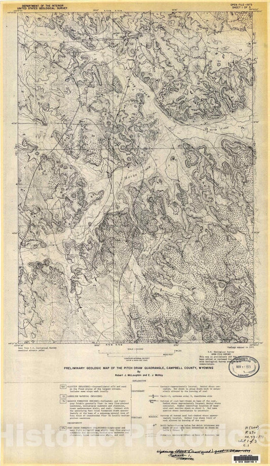 Map : Preliminary geologic map of the Pitch Draw quadrangle, Campbell County, Wyoming, 1973 Cartography Wall Art :