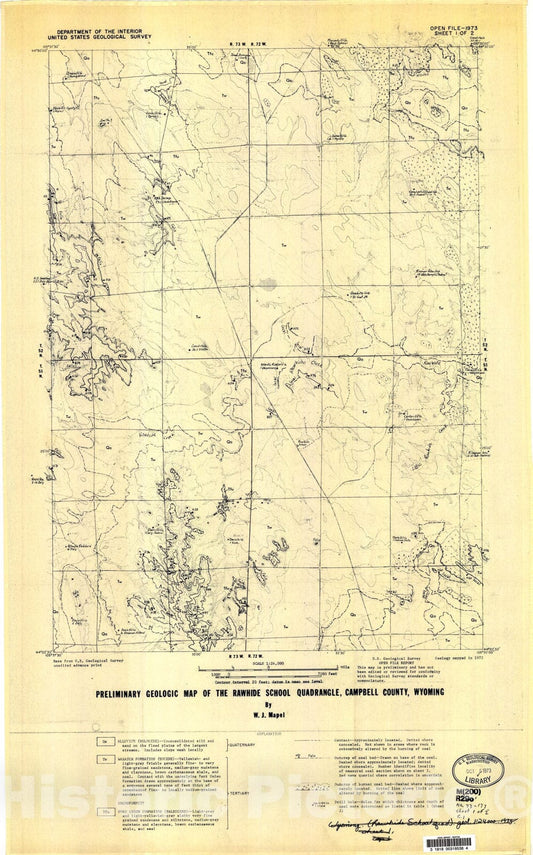 Map : Preliminary geologic map of the Rawhide School quadrangle, Campbell County, Wyoming, 1973 Cartography Wall Art :