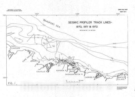 Map : U.S.G.S. marine geologic studies in the Beaufort Sea off northern Alaska, 1970 through 1972, data type and location, 1973 Cartography Wall Art :