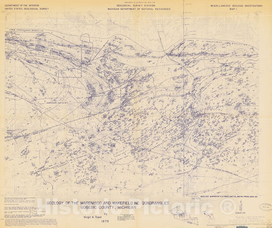 Map : Geologic map of the Marenisco and Wakefield NE quadrangles, Gogebic County, Michigan, 1973 Cartography Wall Art :