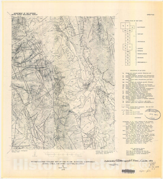 Map : Reconnaissance geologic map of the Dillon 15-minute quadrangle, Summit, Eagle, and Grand Counties, Colorado, 1973 Cartography Wall Art :