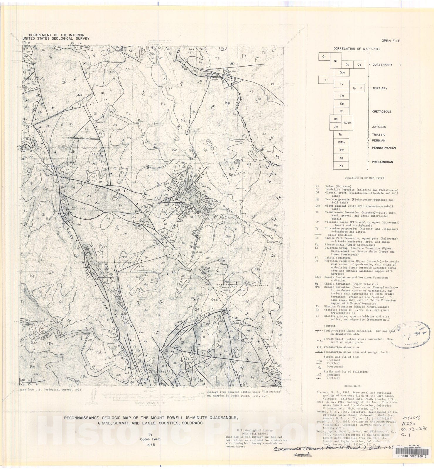 Map : Reconnaissance geologic map of the Mount Powell 15-minute quadrangle, Grand, Summit, and Eagle Counties, Colorado, 1973 Cartography Wall Art :