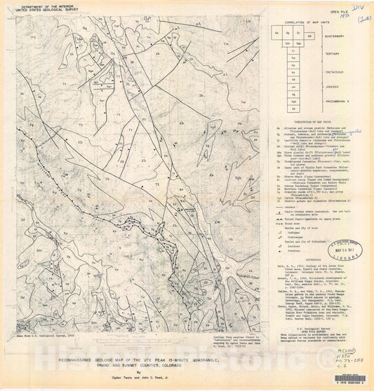 Map : Reconnaissance geologic map of the Ute Peak 15-minute quadrangle, Grand and Summit Counties, Colorado, 1973 Cartography Wall Art :