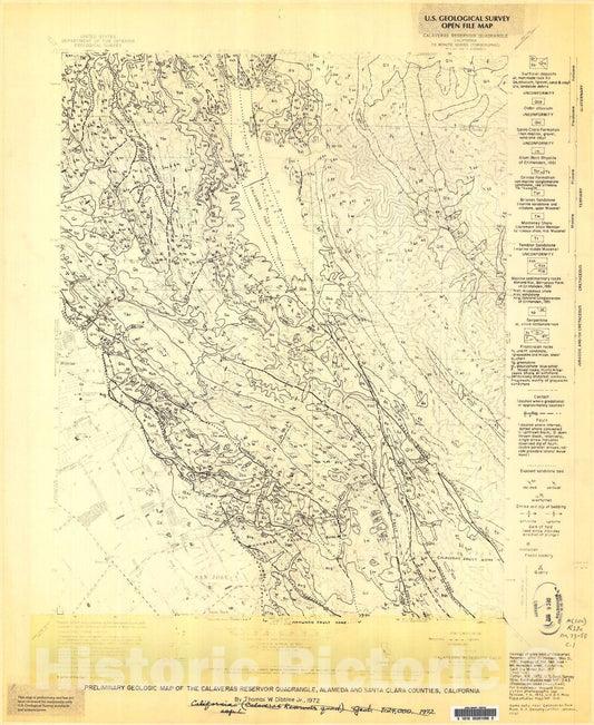 Map : Preliminary geologic map of the Calaveras Reservoir quadrangle, Alameda and Santa Clara Counties, California, 1973 Cartography Wall Art :