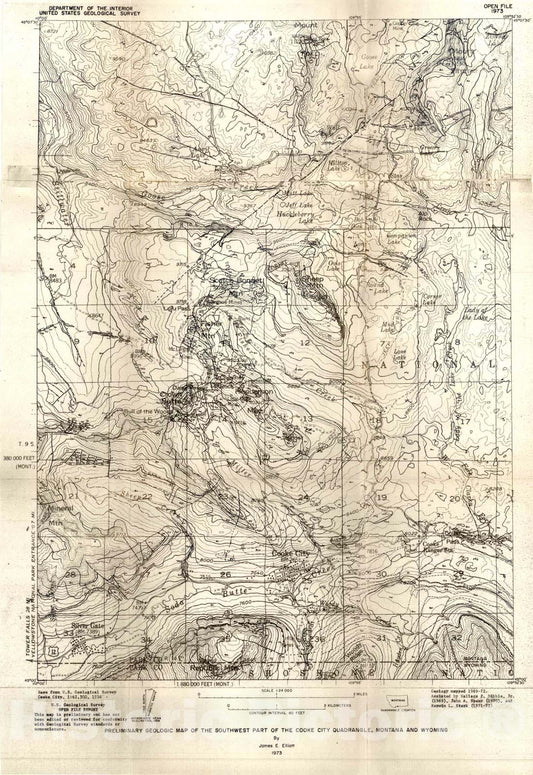 Map : Preliminary geologic map of the southwest part of the Cooke City quadrangle, Montana and Wyoming, 1973 Cartography Wall Art :