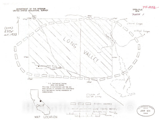 Map : A self-potential survey of Long Valley caldera, Mono County, California, 1974 Cartography Wall Art :