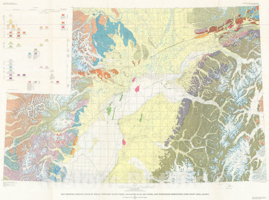 Map : Map showing geology, wildcat wells, Tertiary plant fossil localities, K-Ar age dates, and petroleum operations, Cook Inlet area, Alaska, 1976 Cartography Wall Art :