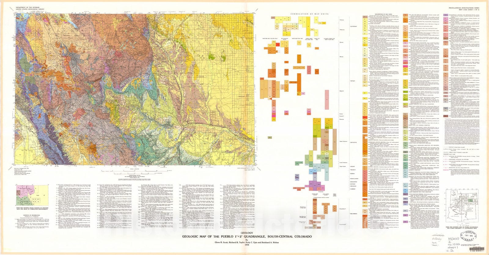 Map : Geologic map of the Pueblo one degree x two degrees quadrangle, south-central Colorado, one978 Cartography Wall Art :