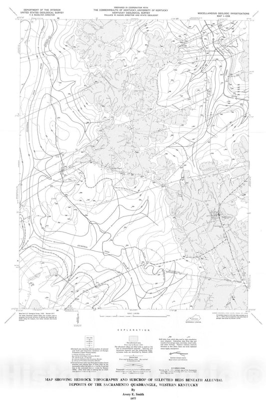 Map : Map showing bedrock topography and subcrop of selected beds beneath alluvial deposits of the Sacramento quadrangle, western Kentucky, 1977 Cartography Wall Art :