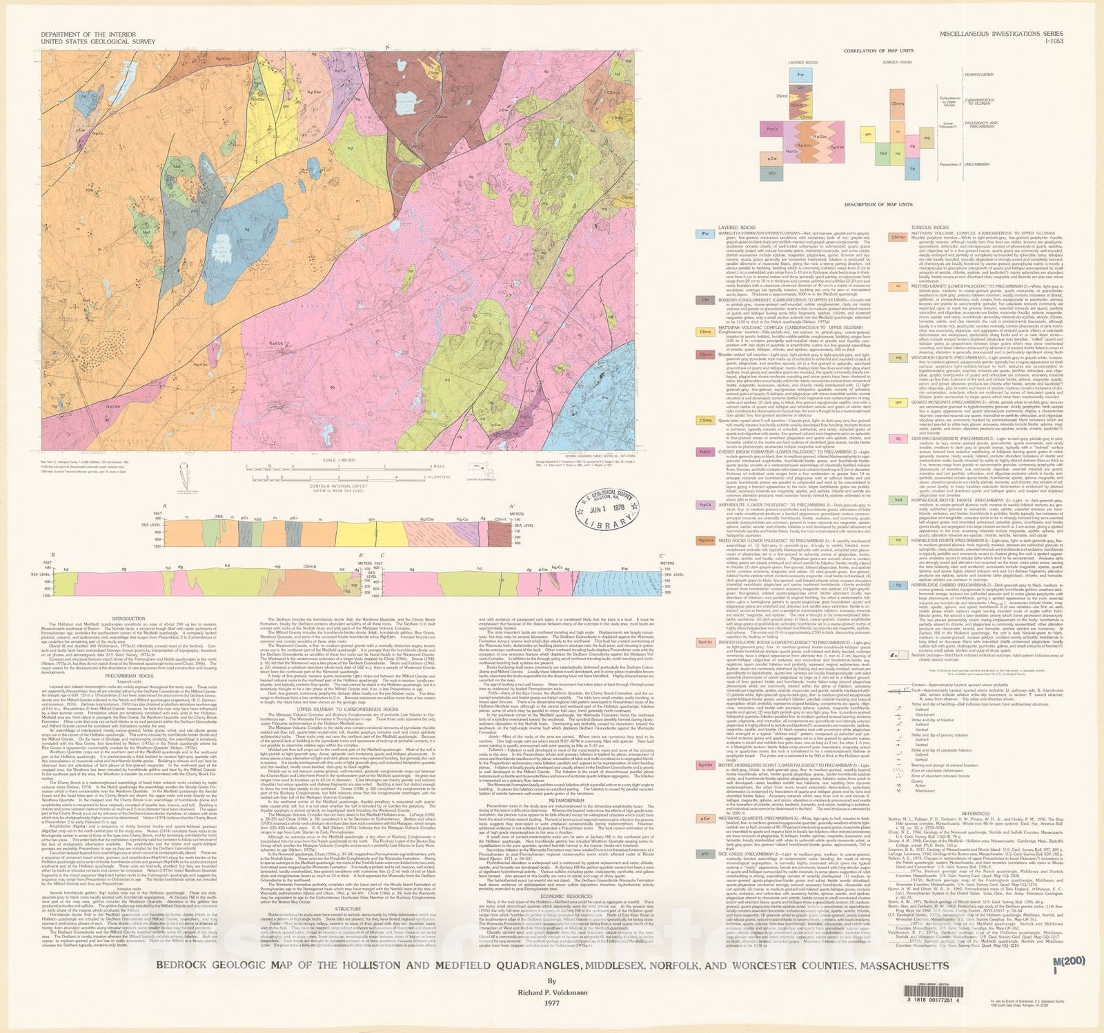 Map : Bedrock geologic map of the Holliston and Medfield quadrangles, Middlesex, Norfolk, and Worcester Counties, Massachusetts, 1977 Cartography Wall Art :