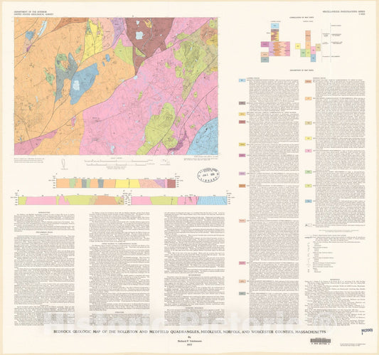Map : Bedrock geologic map of the Holliston and Medfield quadrangles, Middlesex, Norfolk, and Worcester Counties, Massachusetts, 1977 Cartography Wall Art :
