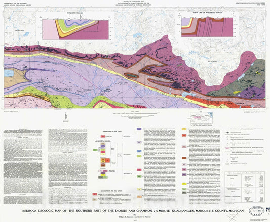 Map : Bedrock geologic map of the southern part of the Diorite and Champion 7.5-minute quadrangles, Marquette County, Michigan, 1977 Cartography Wall Art :