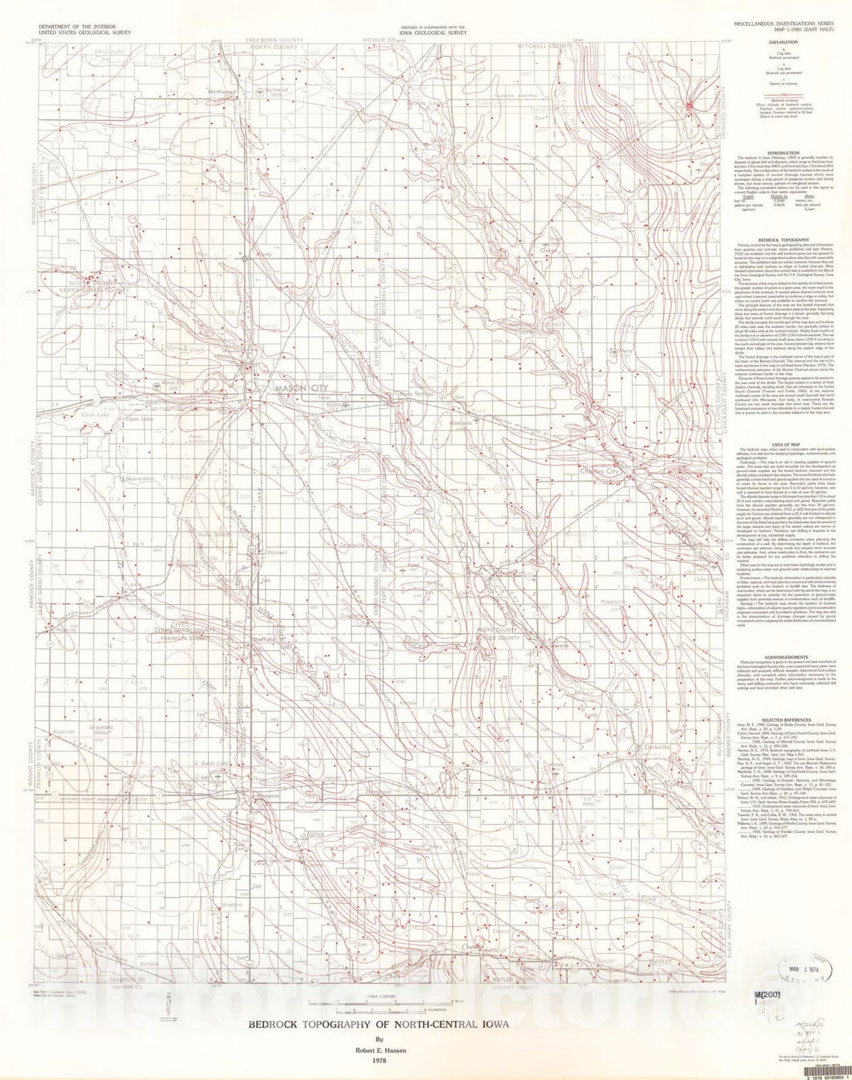 Map : Bedrock topography of north-central Iowa, 1978 Cartography Wall Art :