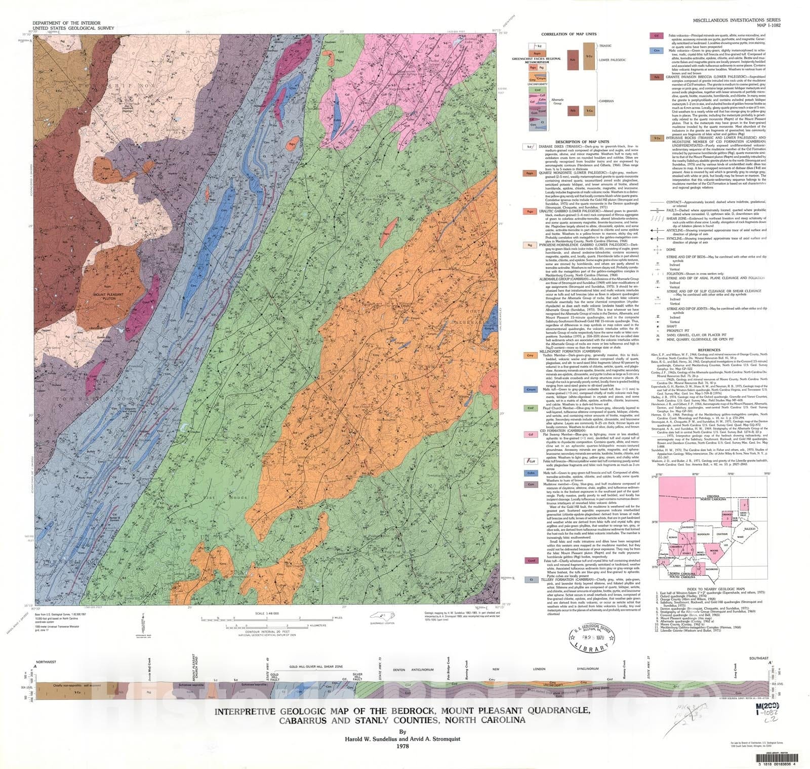 Map : Interpretative geologic map of the bedrock, Mount Pleasant quadrangle, Cabarrus and Stanly Counties, North Carolina, 1978 Cartography Wall Art :