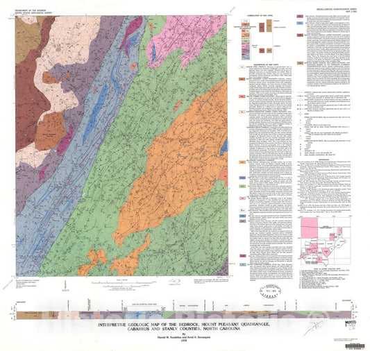 Map : Interpretative geologic map of the bedrock, Mount Pleasant quadrangle, Cabarrus and Stanly Counties, North Carolina, 1978 Cartography Wall Art :
