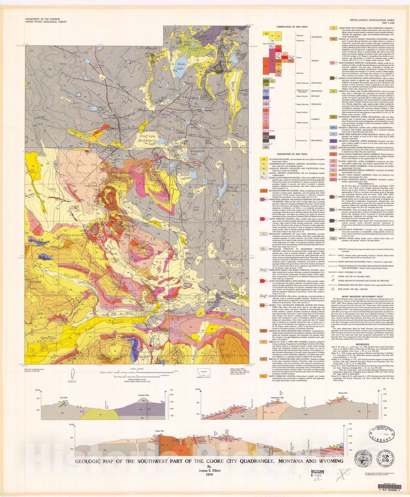 Map : Geologic map of the southwest part of the Cooke City quadrangle, Montana and Wyoming, 1979 Cartography Wall Art :