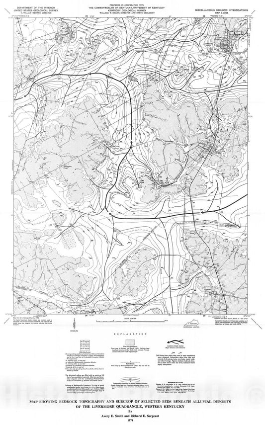 Map : Map showing bedrock topography and subcrop of selected beds beneath alluvial deposits of the Livermore quadrangle, western Kentucky, 1978 Cartography Wall Art :