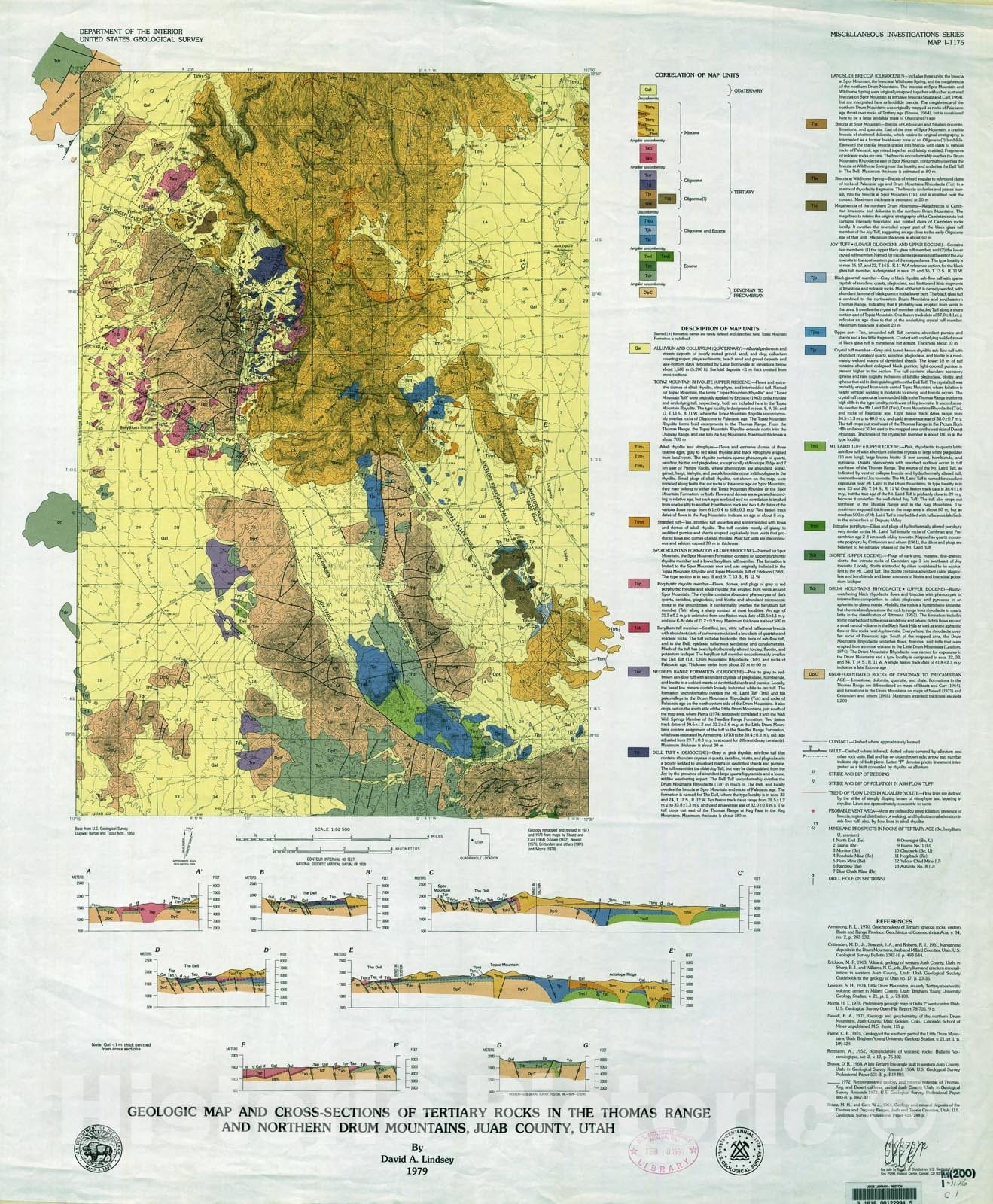 Map : Geologic map and cross sections of Tertiary rocks in the Thomas Range and northern Drum Mountains, Juab County, Utah, 1979 Cartography Wall Art :