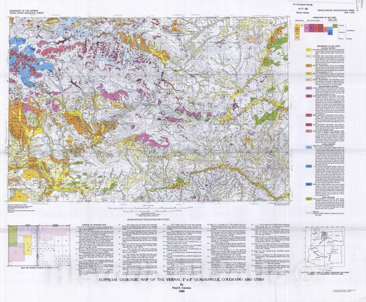 Map : Surficial geologic map of the Vernal one degree x two degrees quadrangle, Colorado and Utah, one980 Cartography Wall Art :