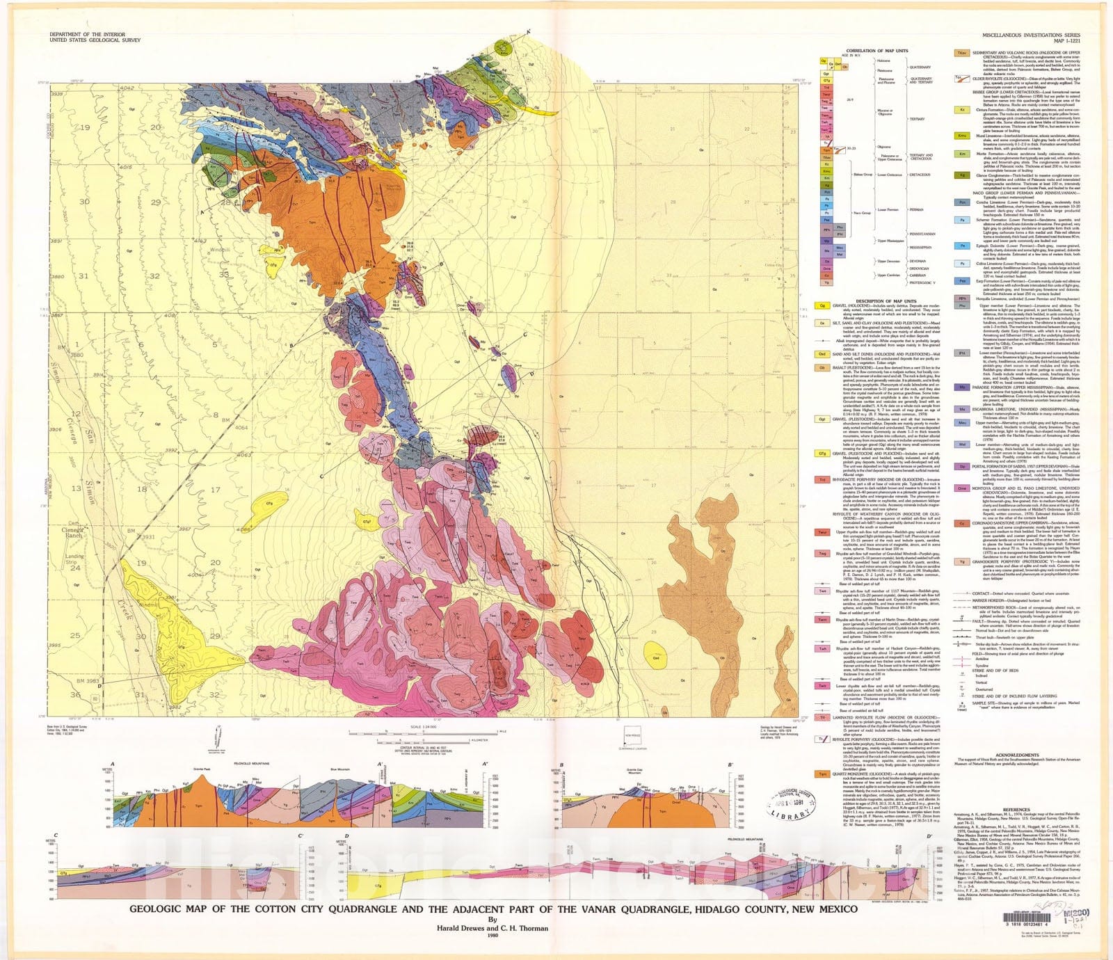 Map : Geologic map of the Cotton City quadrangle and adjacent part of the Vanar quadrangle, Hidalgo County, New Mexico, 1980 Cartography Wall Art :